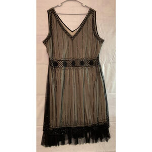 VTG 90 Papillon Los Angeles Dress Womens 3X Black Beaded Mesh Flapper Shift Midi